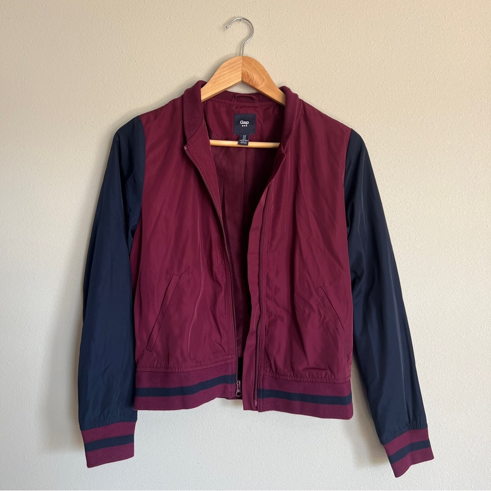 GAP burgundy and navy zip up varsity style jacket